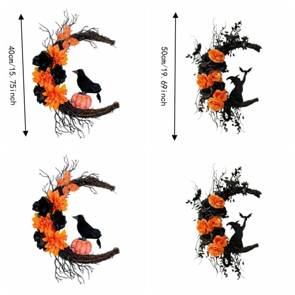 Gothic Halloween Moon Garland – Witch, Cat & Crow Door Decoration
