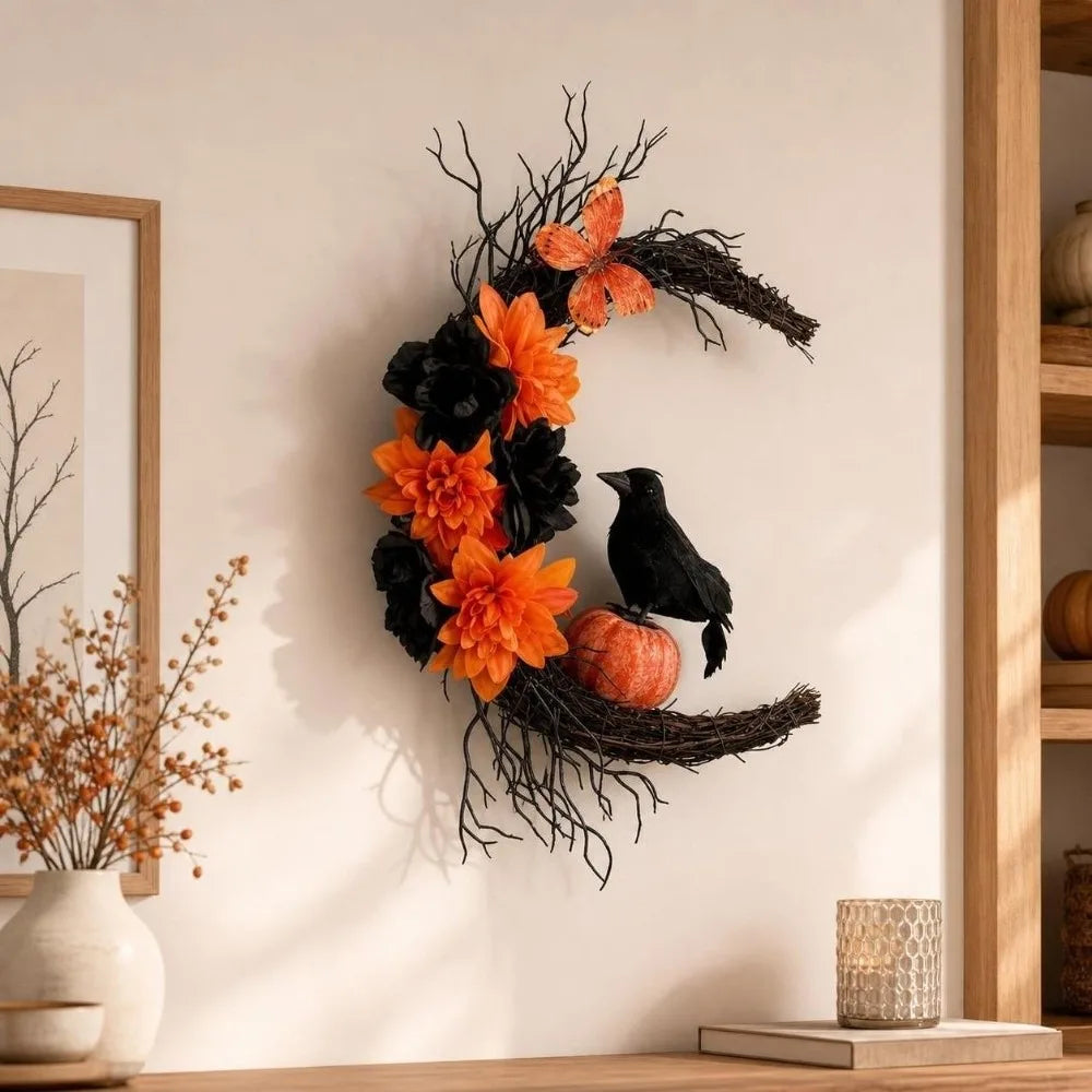 Gothic Halloween Moon Garland – Witch, Cat & Crow Door Decoration